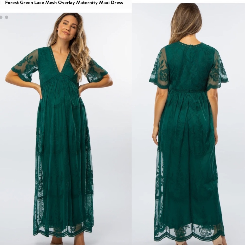 Pink blush maternity forest green lace maxi